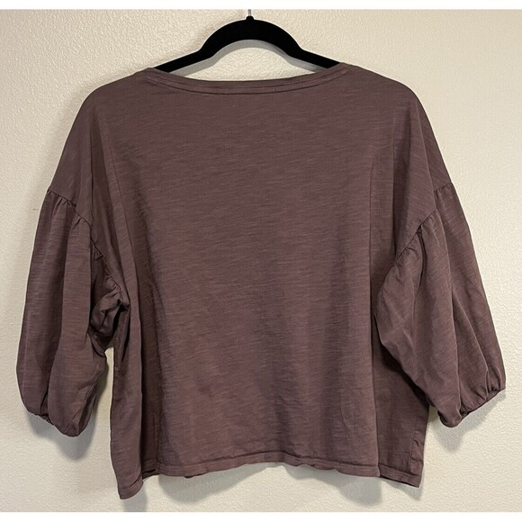 Garnet Hill Top Size Medium Blouson Sleeve Cropped Boxy Tee Mauve Pima Cotton - Picture 2 of 8